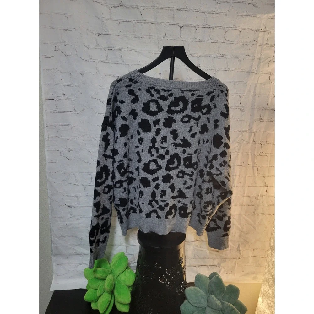 Grey Leopard Print Cardigan Sweater Gold Buttons Animal Print Knit 4XL